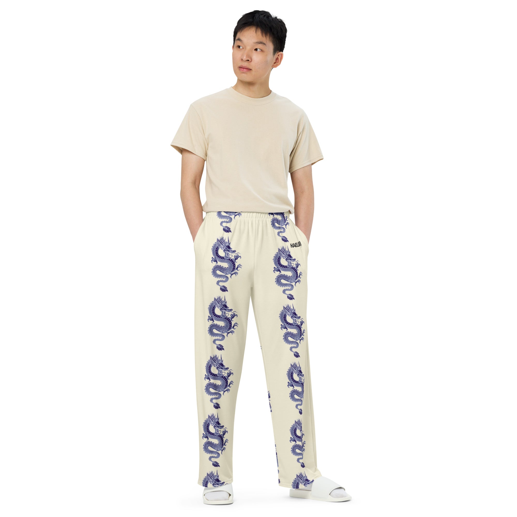Kaelum unisex wide-leg pant: Tan with Blue Dragon