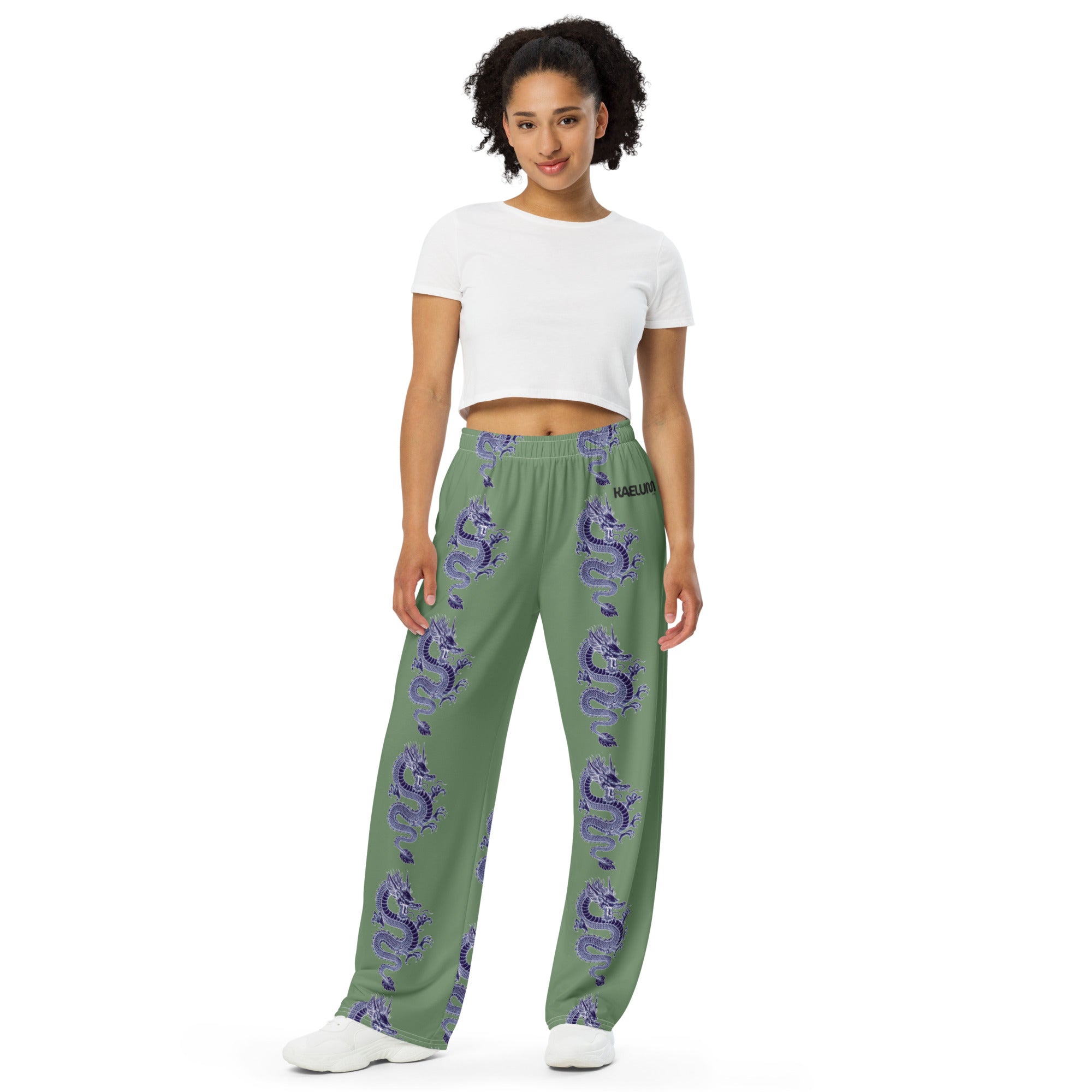 Kaelum unisex wide-leg pant: Green With Blue Dragon