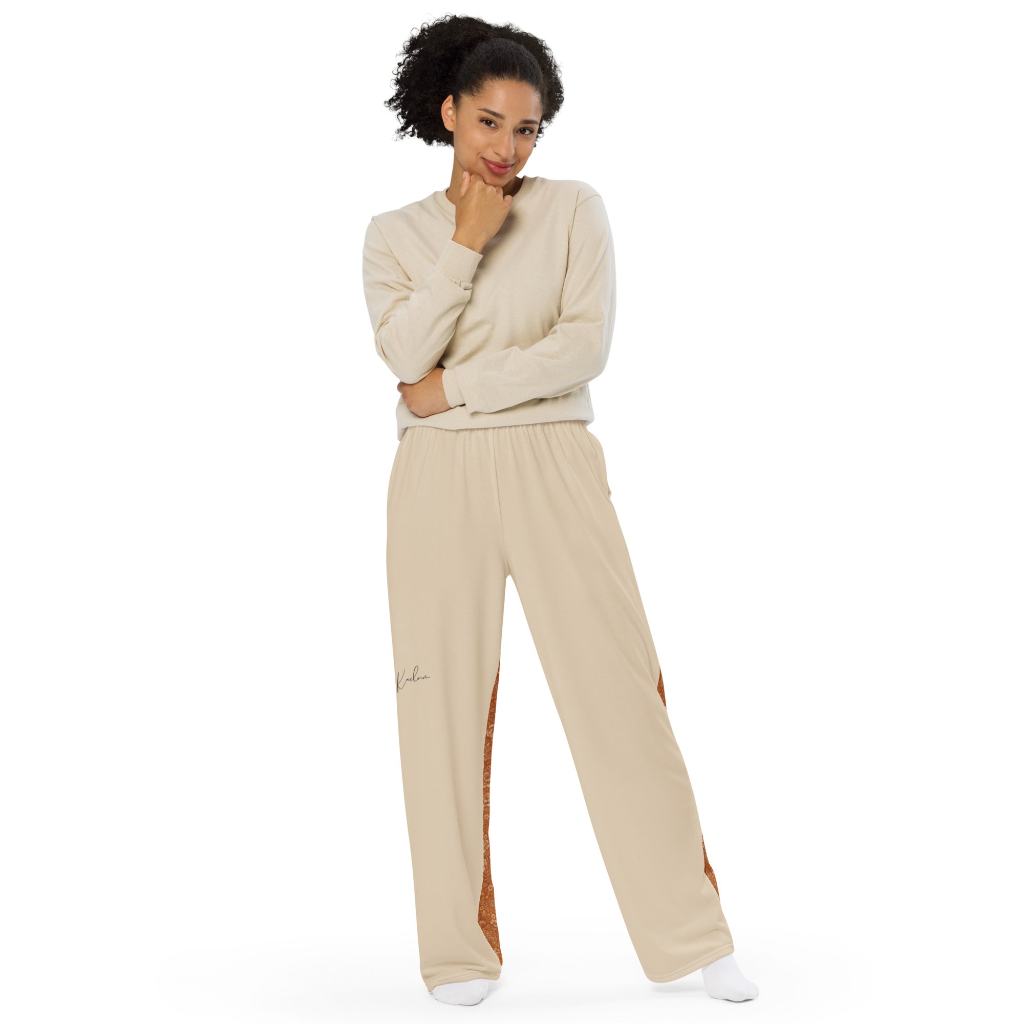 Kaelum Wide-Leg Pant: Two Tone Cream/Orange Print