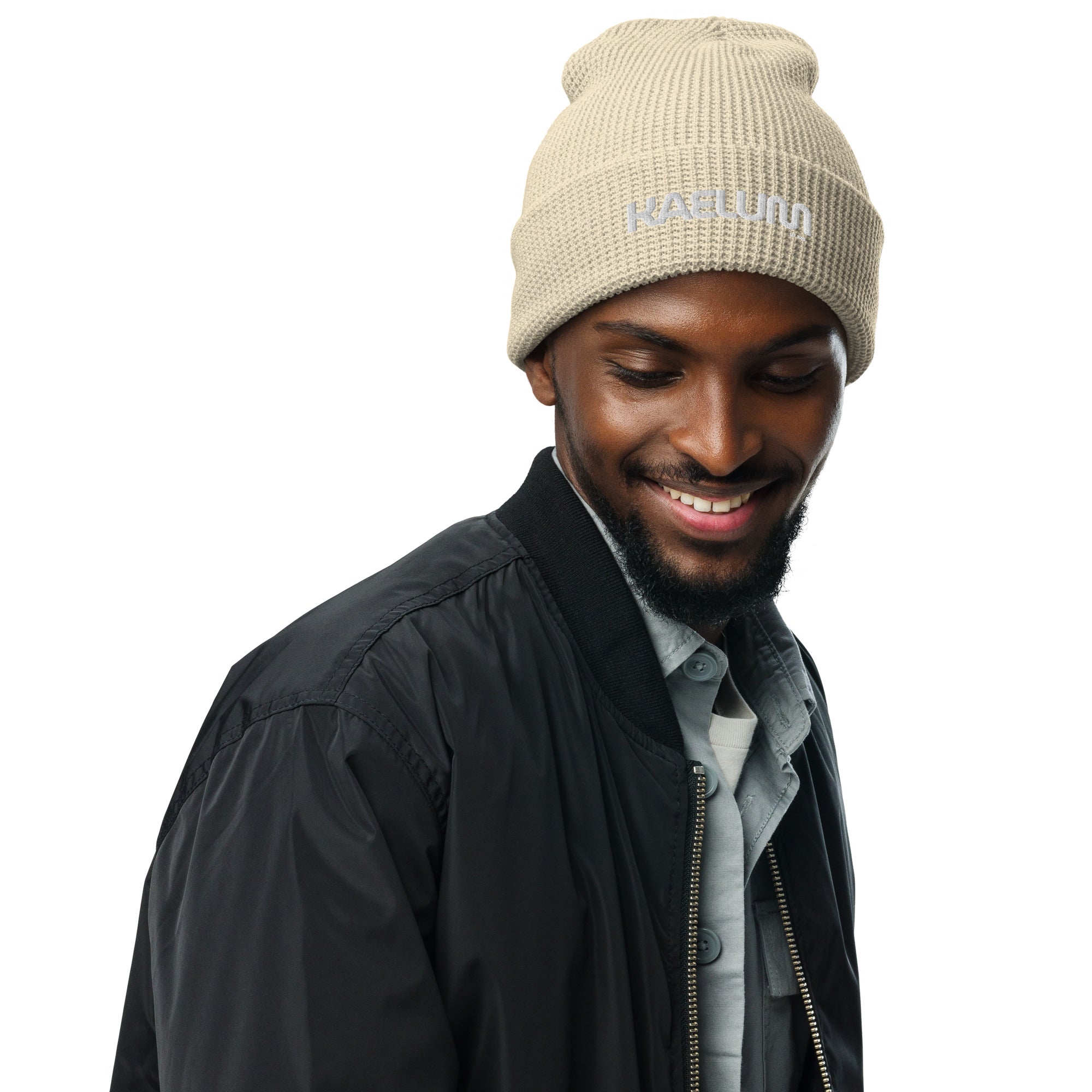 Kaelum Waffle Knit Embroidered Beanie- White Letters