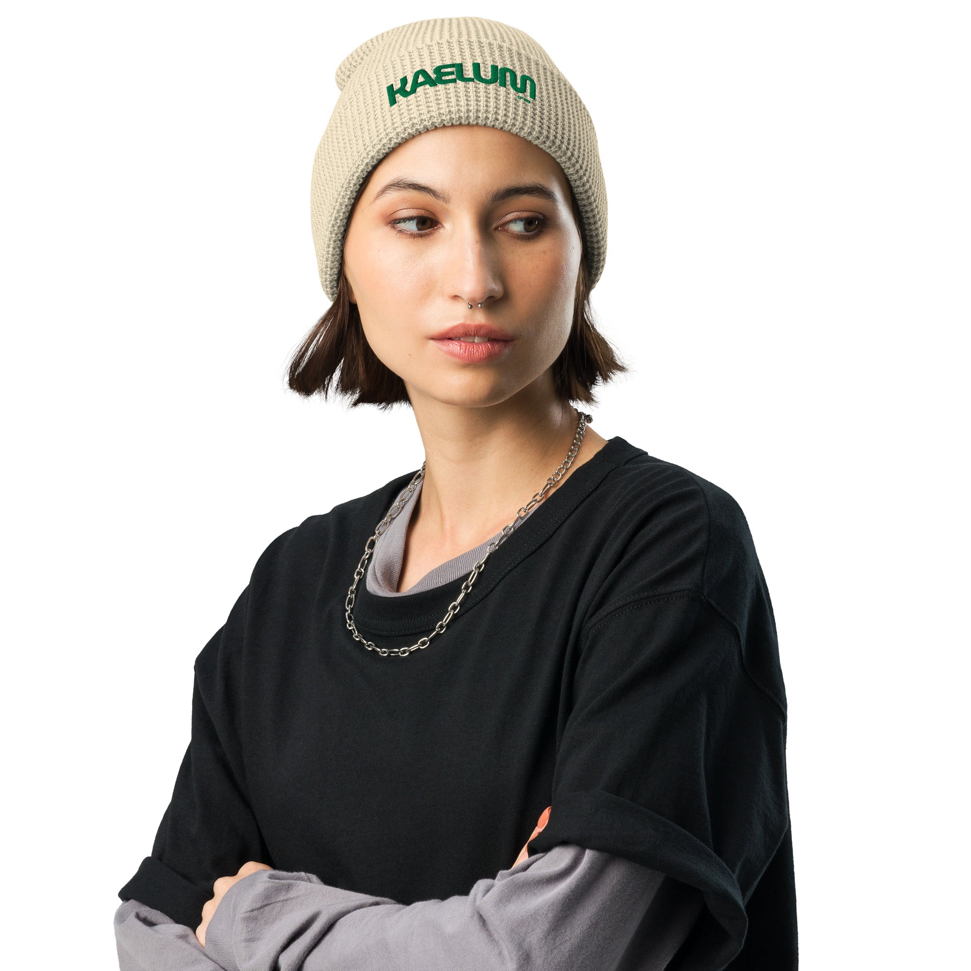 Kaelum Waffle Knit Embroidered Beanie: Green Letters